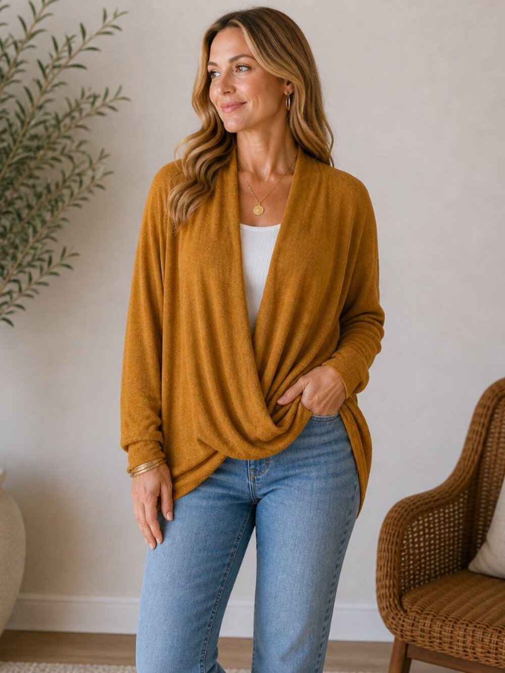 Pure Good Mustard Cross Front Pullover Cardigan Slouchy Wrap Top Size Small